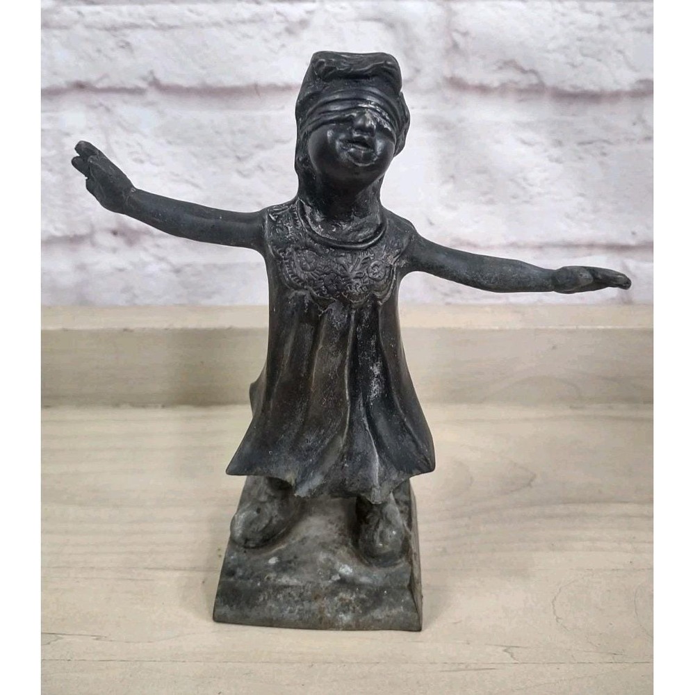 Metal Bronze Sculpture Statue Girl Blindfolded Vintage 7 Inch